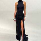 High Neck Draped White Maxi Dress H6878