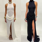 High Neck Draped White Maxi Dress H6878
