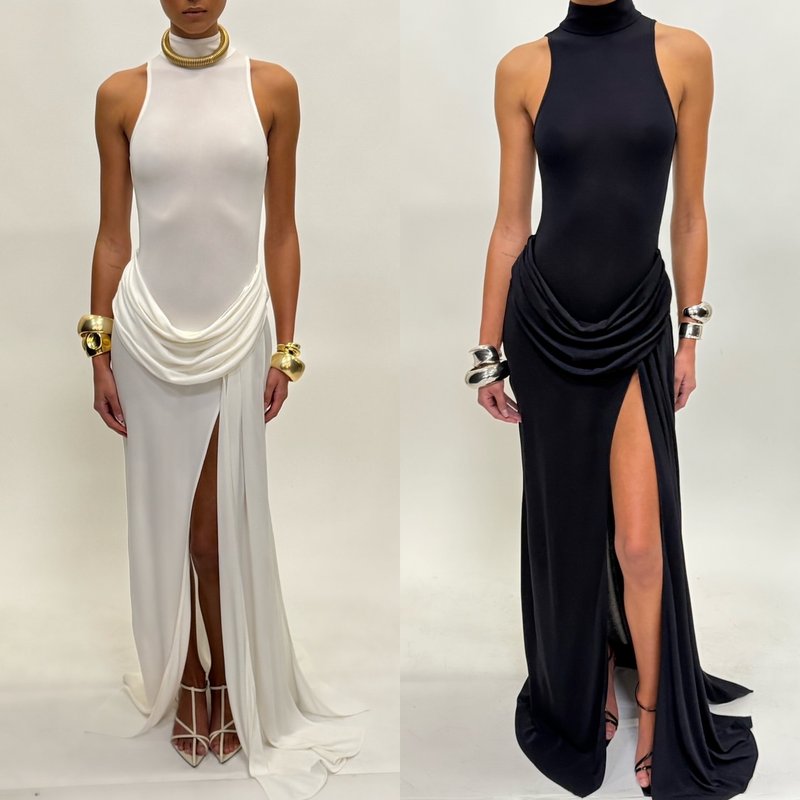 High Neck Draped White Maxi Dress H6878