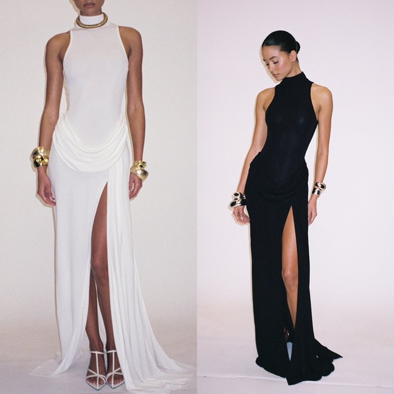 High Neck Draped White Maxi Dress H6878
