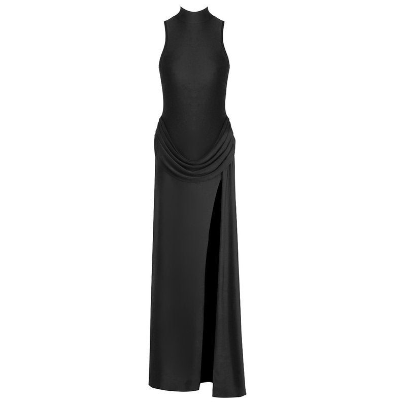 High Neck Draped White Maxi Dress H6878