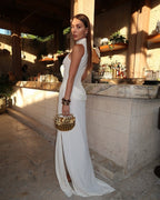 High Neck Draped White Maxi Dress H6878