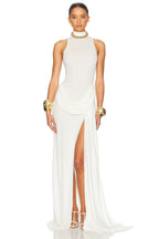 High Neck Draped White Maxi Dress H6878