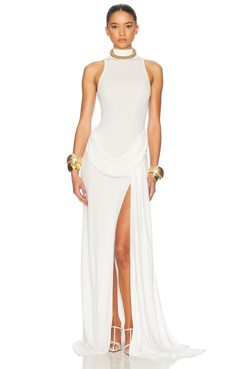 High Neck Draped White Maxi Dress H6878