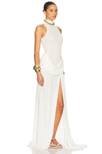 High Neck Draped White Maxi Dress H6878