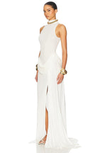 High Neck Draped White Maxi Dress H6878