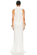 High Neck Draped White Maxi Dress H6878