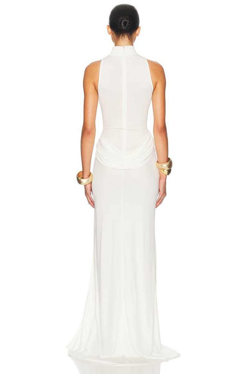 High Neck Draped White Maxi Dress H6878