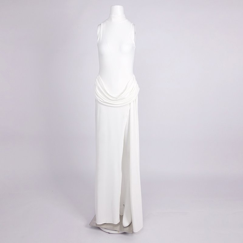 High Neck Draped White Maxi Dress H6878