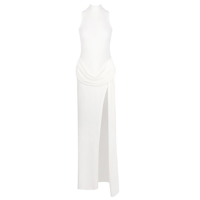 High Neck Draped White Maxi Dress H6878