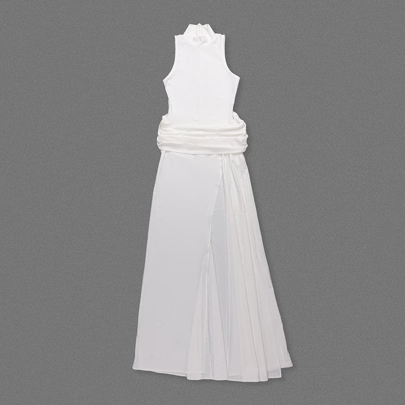 High Neck Draped White Maxi Dress H6878