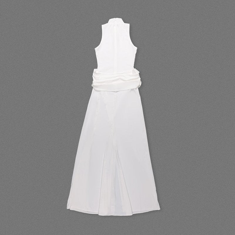 High Neck Draped White Maxi Dress H6878