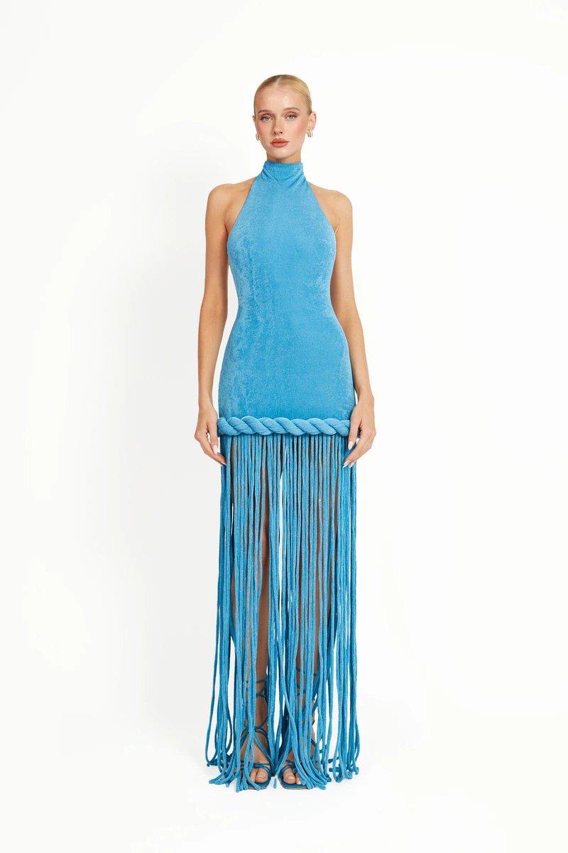 High Neck Fringe Maxi Dress H7057