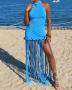 High Neck Fringe Maxi Dress H7057