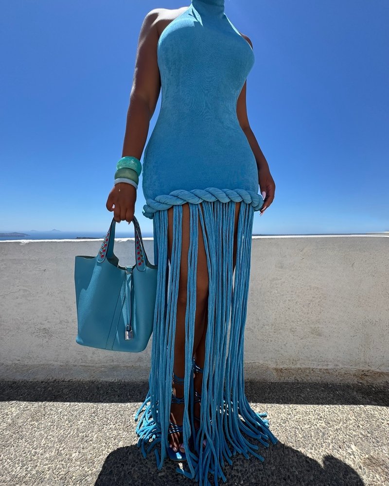 High Neck Fringe Maxi Dress H7057
