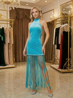 High Neck Fringe Maxi Dress H7057