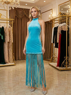 High Neck Fringe Maxi Dress H7057