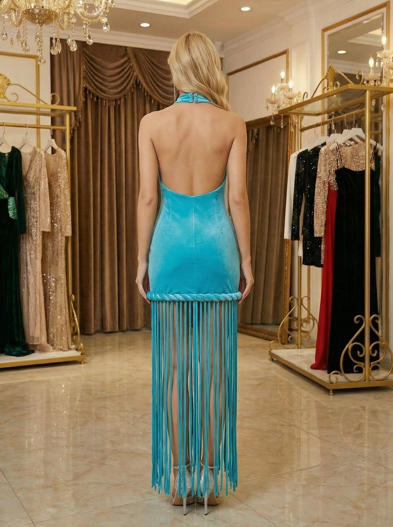 High Neck Fringe Maxi Dress H7057