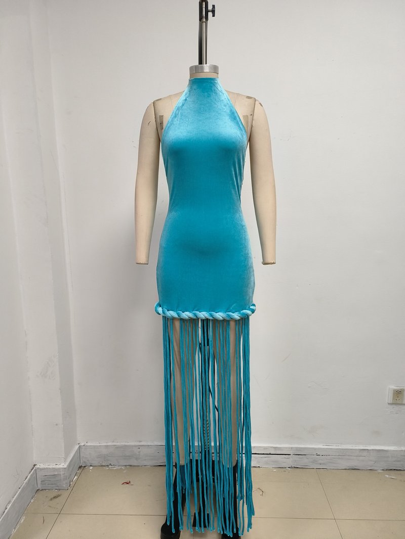High Neck Fringe Maxi Dress H7057