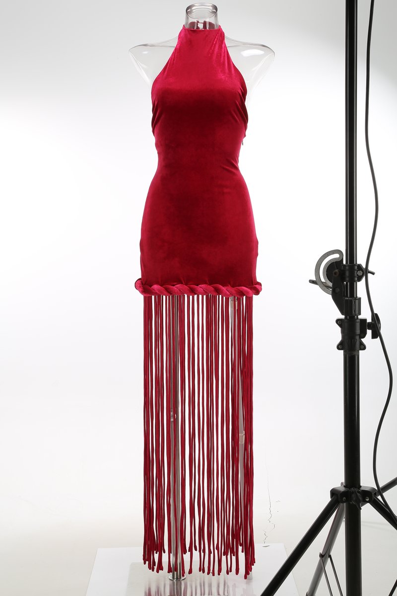 High Neck Fringe Maxi Dress H7057