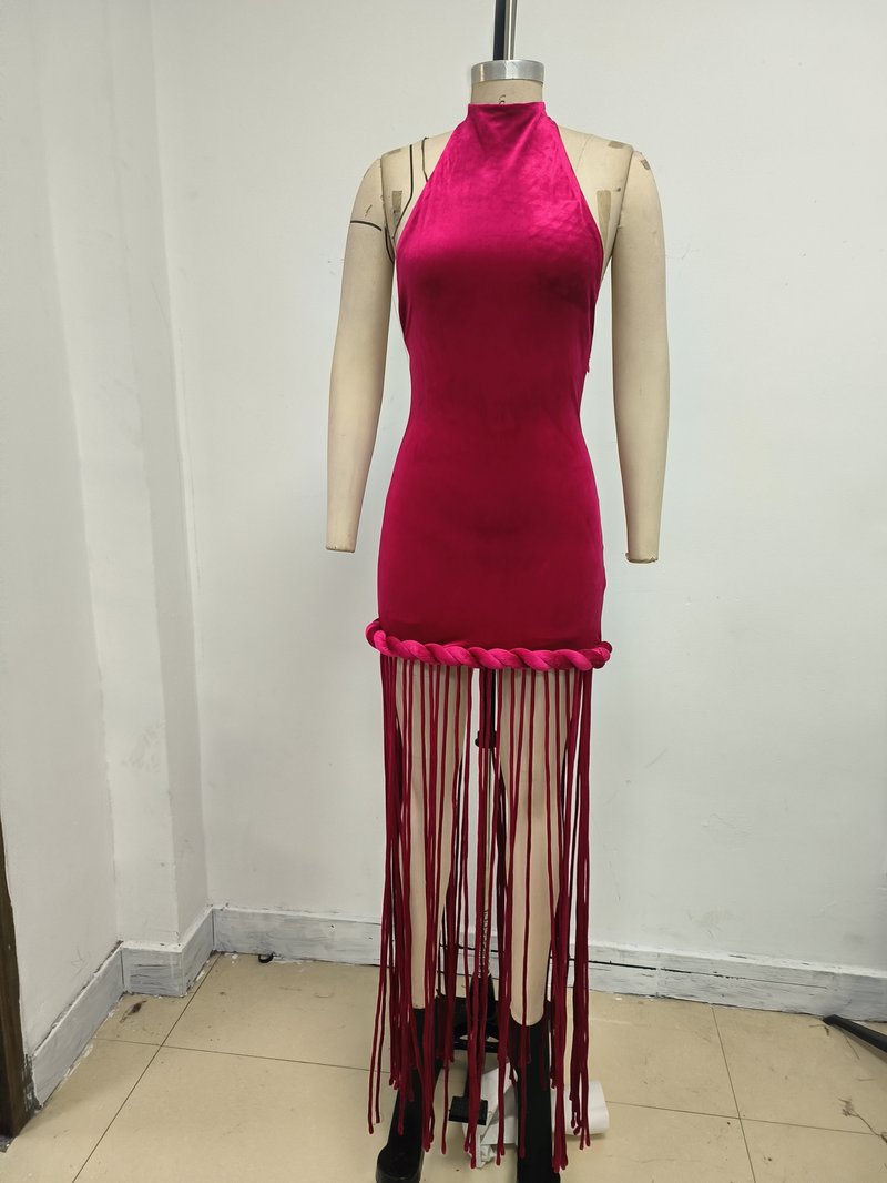 High Neck Fringe Maxi Dress H7057