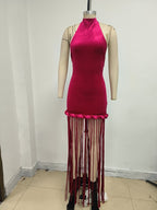 High Neck Fringe Maxi Dress H7057