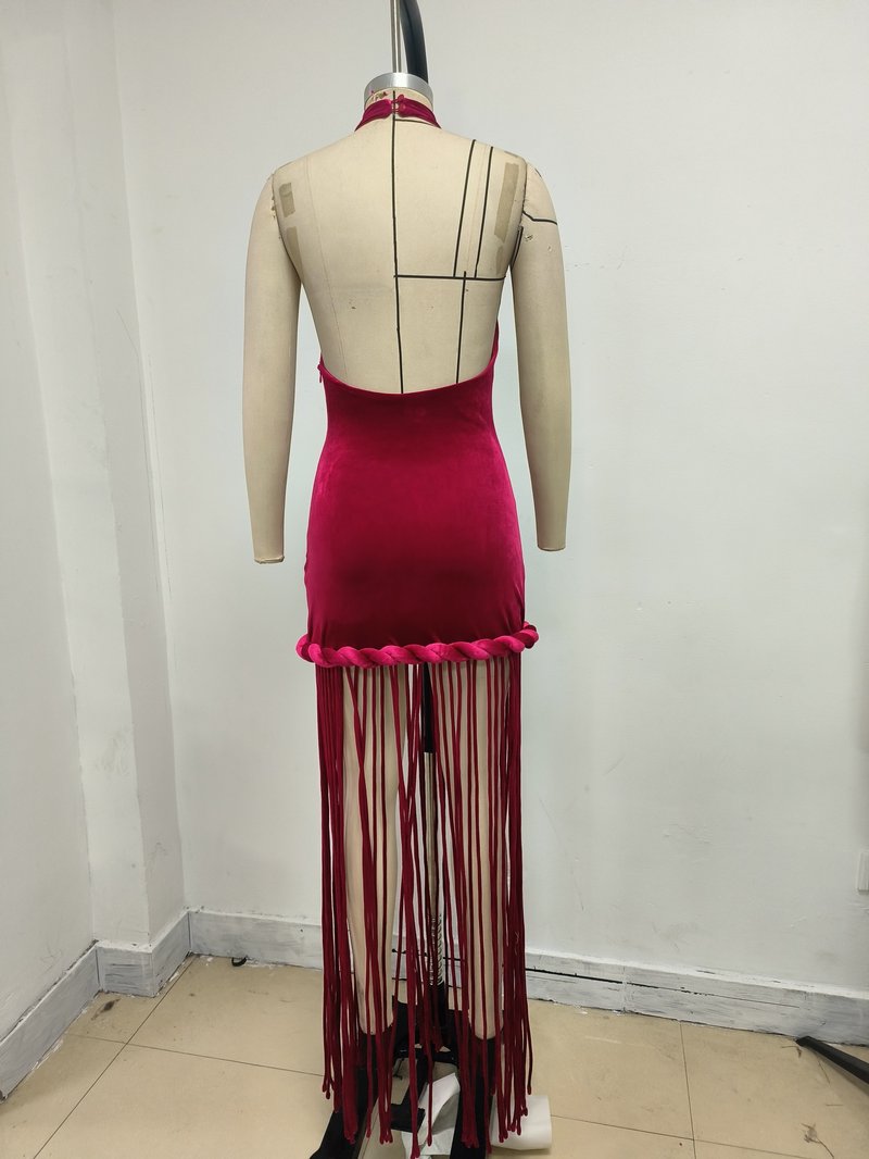High Neck Fringe Maxi Dress H7057