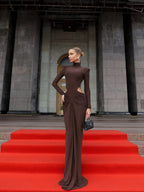 High Neck Pleated Brown Maxi Dress H7031