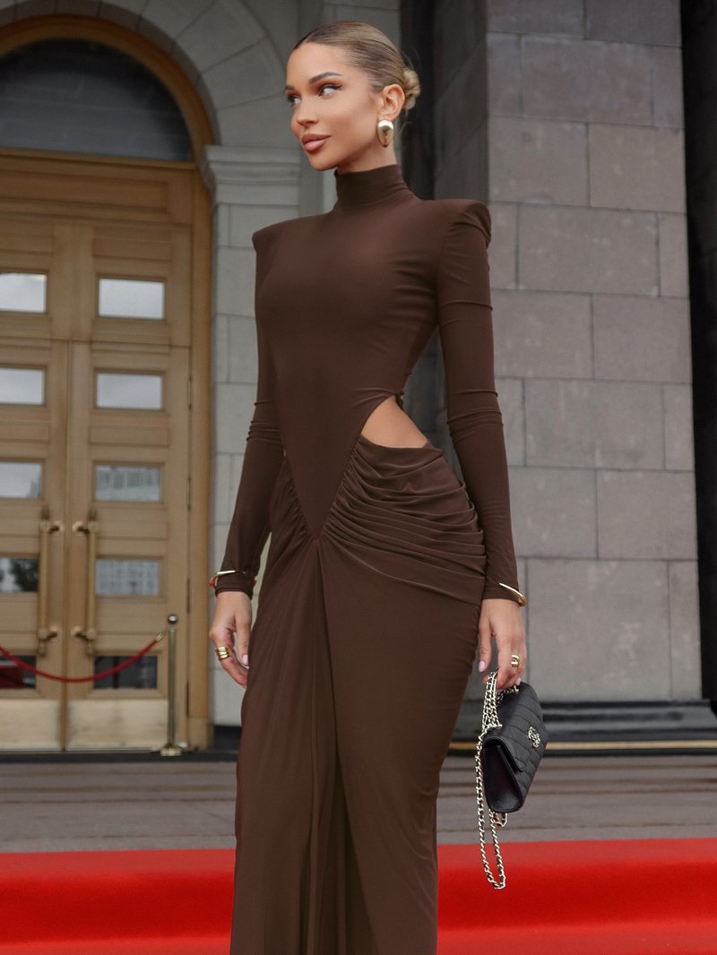 High Neck Pleated Brown Maxi Dress H7031