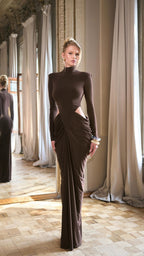 High Neck Pleated Brown Maxi Dress H7031