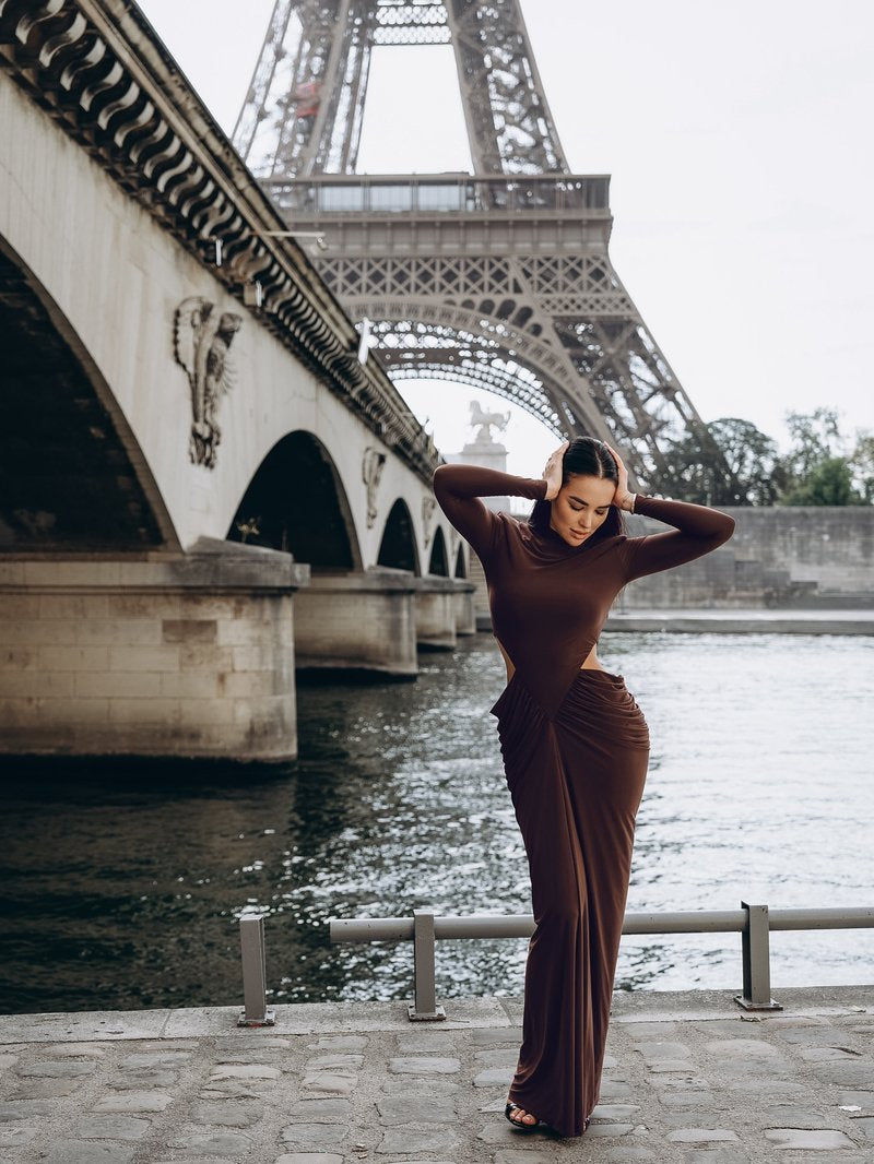 High Neck Pleated Brown Maxi Dress H7031