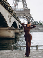 High Neck Pleated Brown Maxi Dress H7031