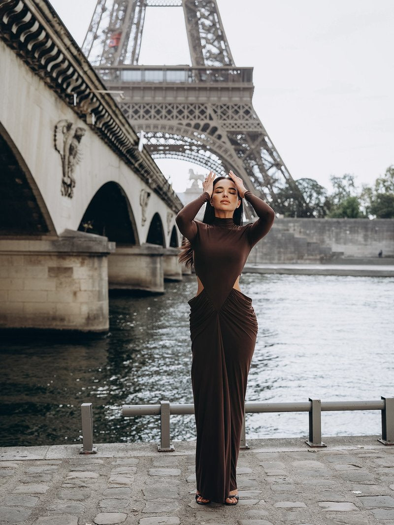 High Neck Pleated Brown Maxi Dress H7031