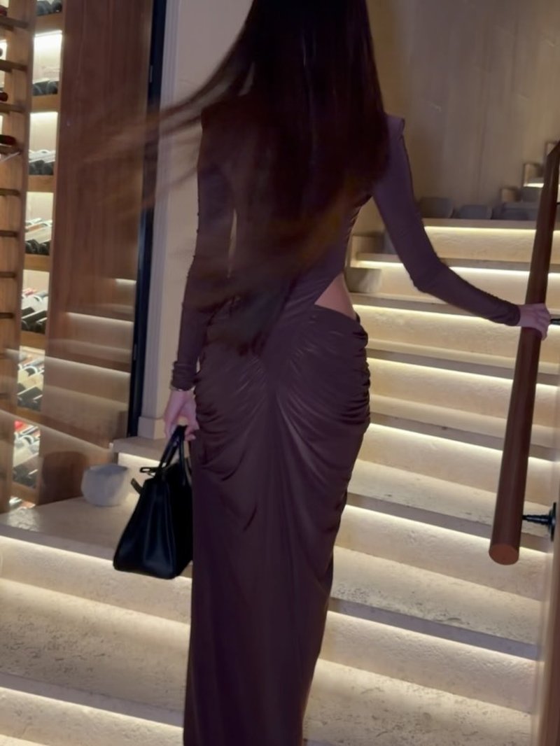 High Neck Pleated Brown Maxi Dress H7031