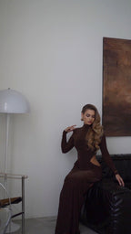 High Neck Pleated Brown Maxi Dress H7031