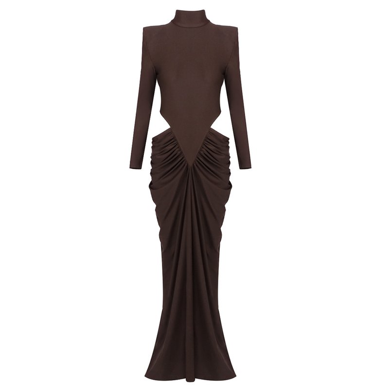 High Neck Pleated Brown Maxi Dress H7031