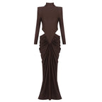 High Neck Pleated Brown Maxi Dress H7031