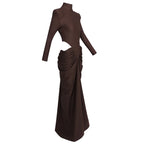 High Neck Pleated Brown Maxi Dress H7031