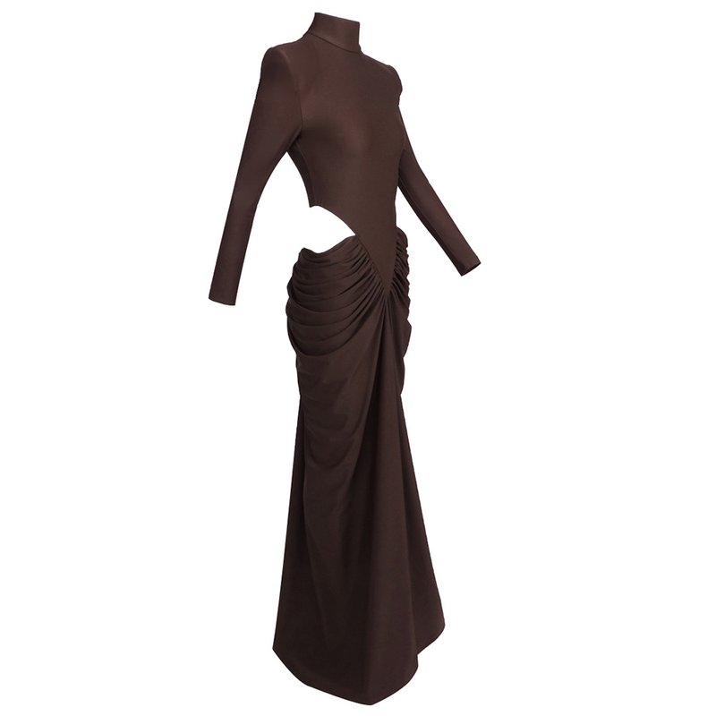High Neck Pleated Brown Maxi Dress H7031