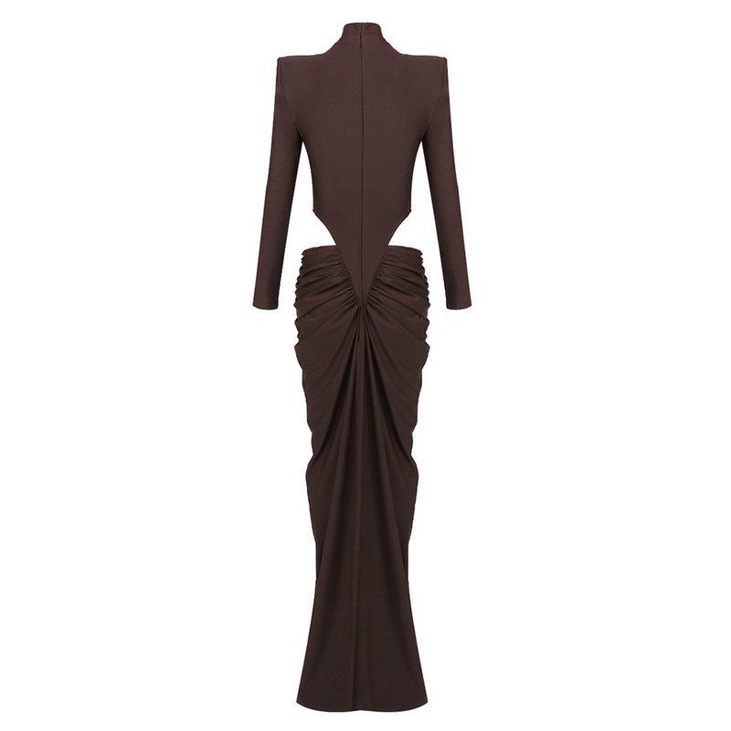 High Neck Pleated Brown Maxi Dress H7031