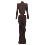 High Neck Pleated Brown Maxi Dress H7031