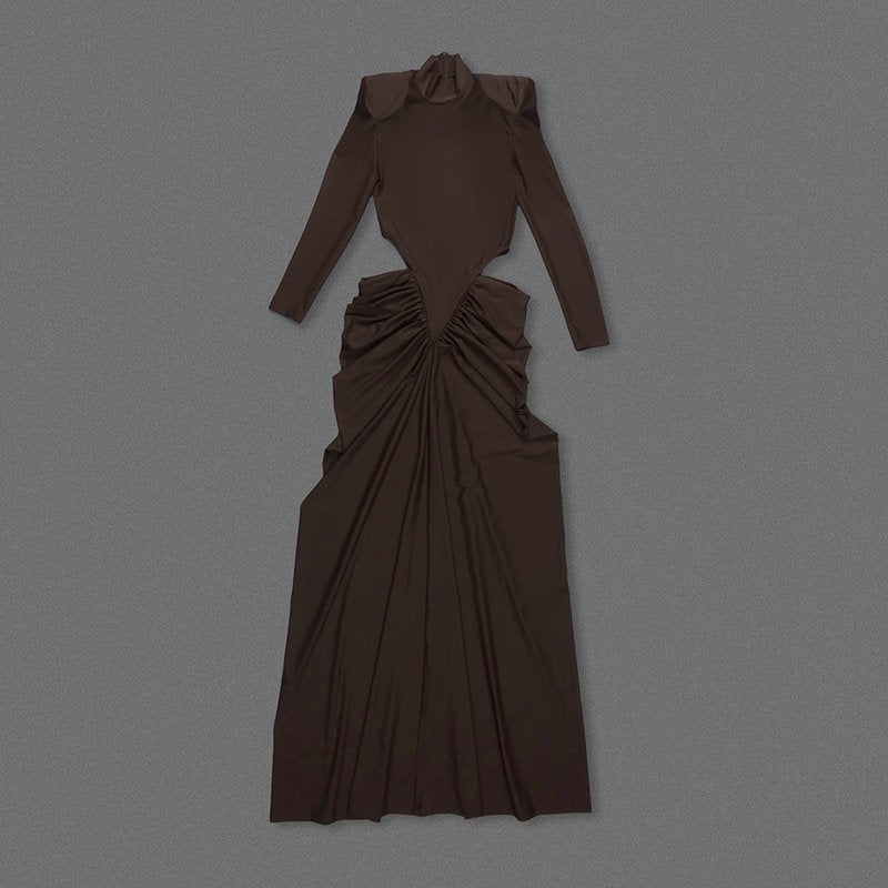 High Neck Pleated Brown Maxi Dress H7031