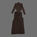 High Neck Pleated Brown Maxi Dress H7031