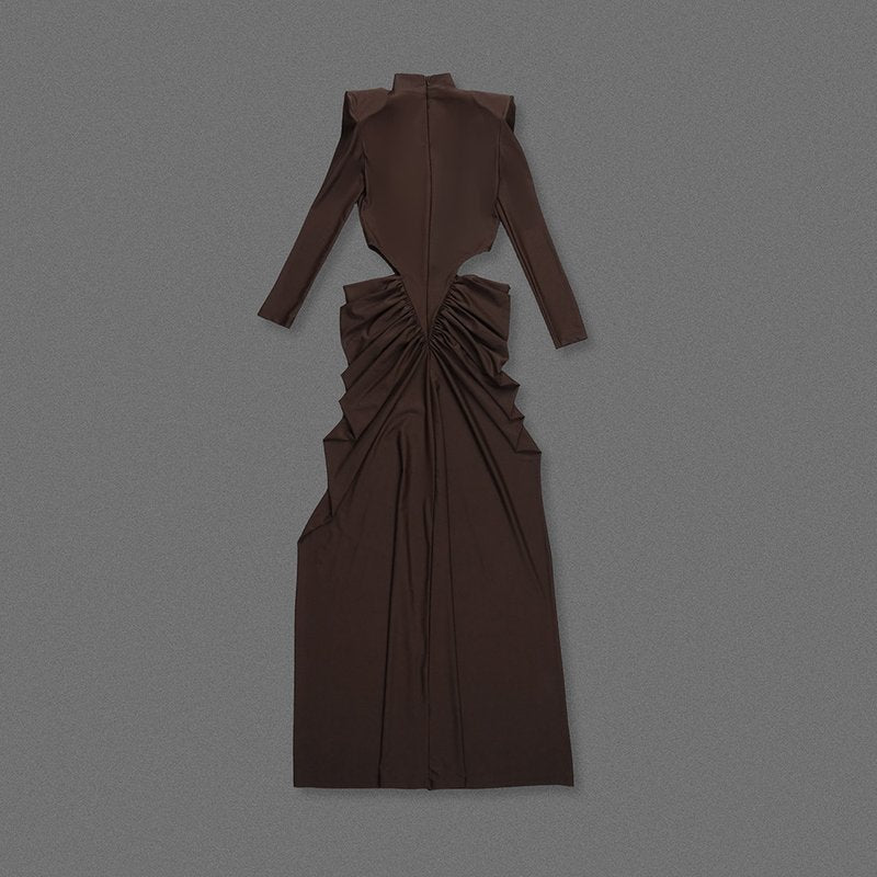 High Neck Pleated Brown Maxi Dress H7031