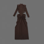 High Neck Pleated Brown Maxi Dress H7031