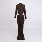High Neck Pleated Brown Maxi Dress H7031