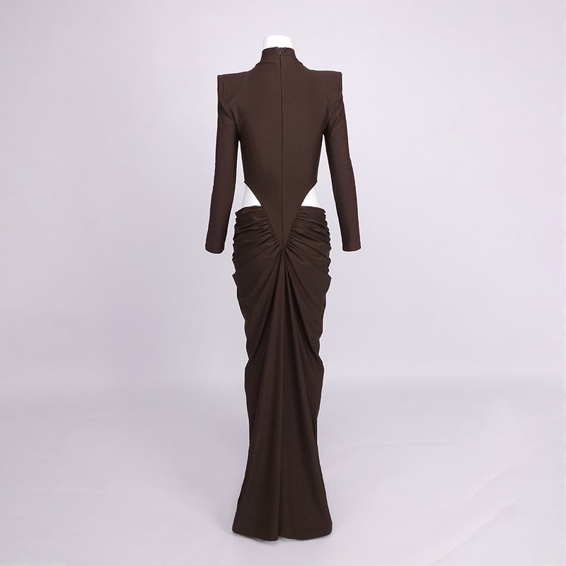 High Neck Pleated Brown Maxi Dress H7031