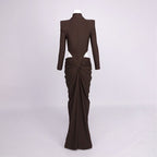 High Neck Pleated Brown Maxi Dress H7031