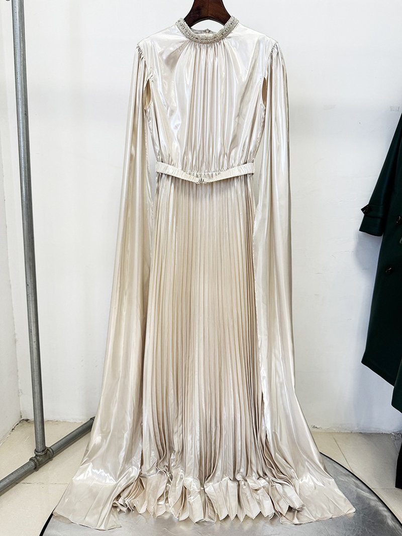 High Neck Pleated Cape Gown H7052