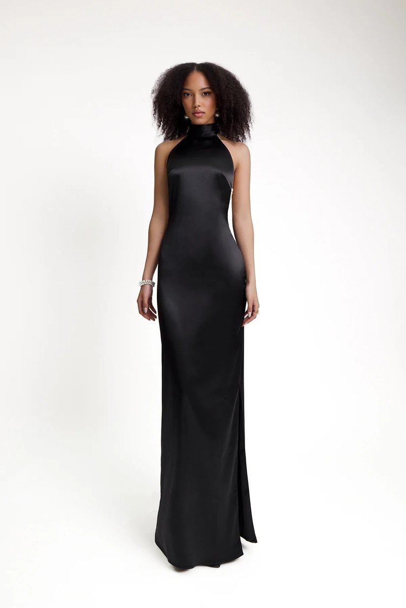 High Neck Satin Maxi Dress H6428